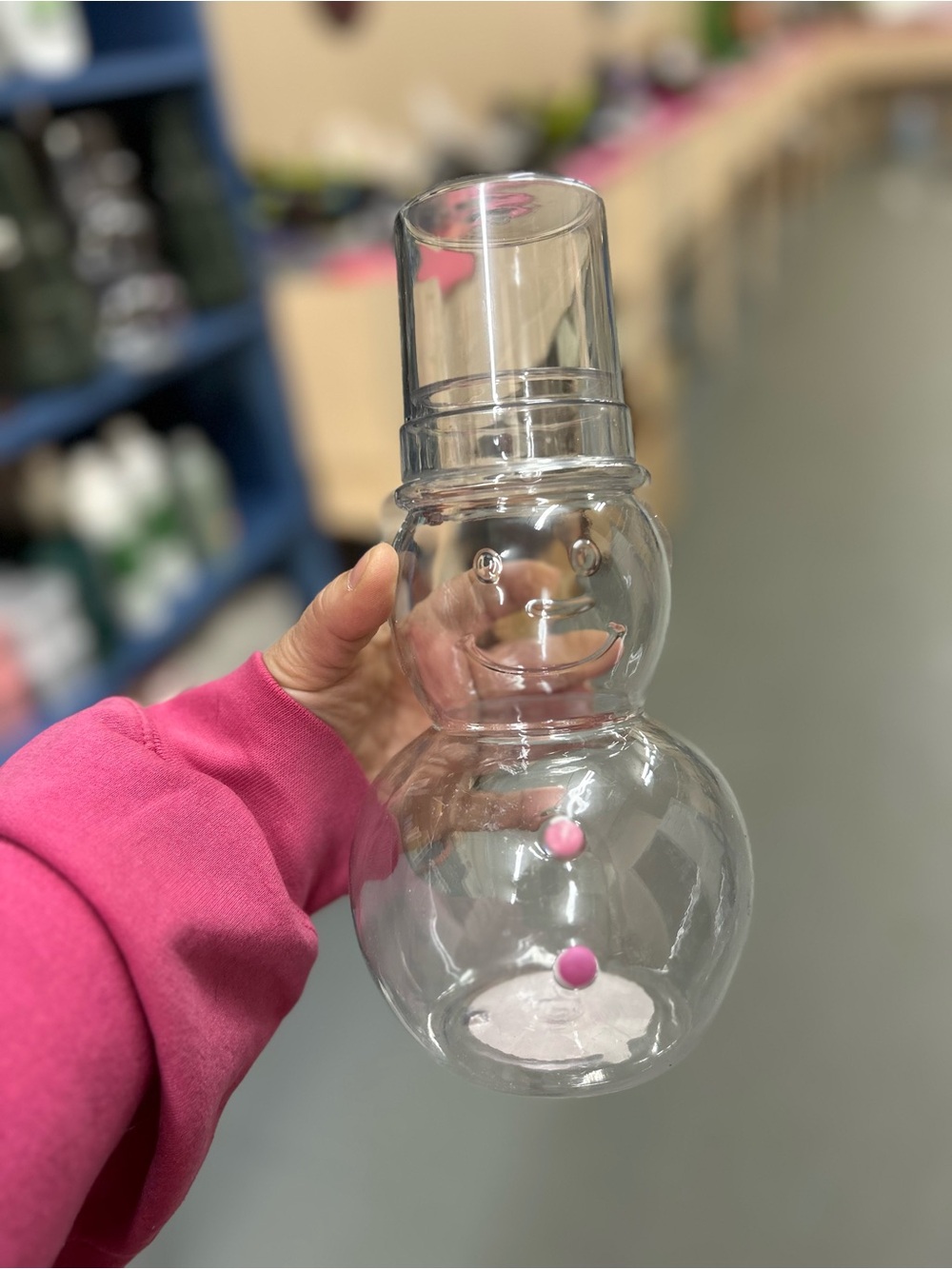 Clear Glass Snowman Bottle with Pink Button Accents-you get 1 of each